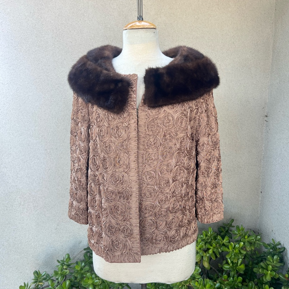 Vintage evening jacket taupe rosette ribbon mink collar George Brown Originals M